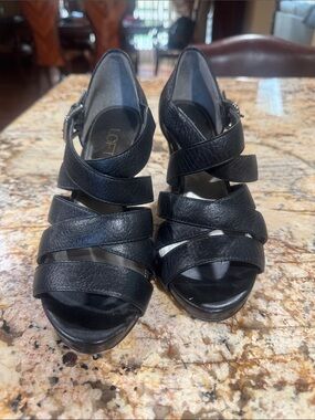 LOFT Black Strappy Leather Platform Heels